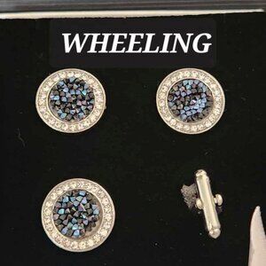 SADDLE BLANKET LINKS for Horse Show NUMBERS "Wheeling" Silver & Blue NEW in box